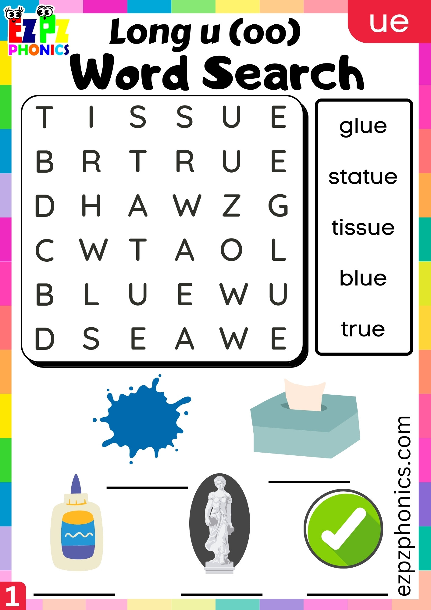 Write and Find the Words Word Search for ue Words Long u (oo) Sound